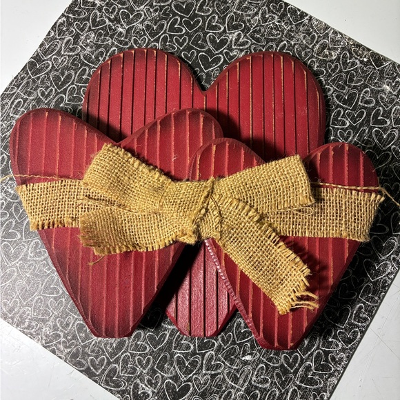 Red Wooden Heart Decor with Burlap Bow - Picture 2 of 5